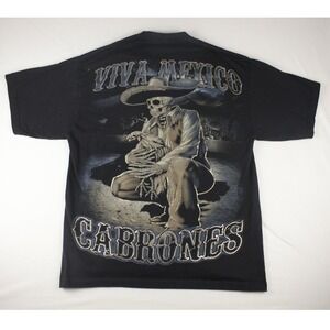 Viva Mexico Cabrones Skull T Shirt XL Black Double Sided Skeleton Biker Tee